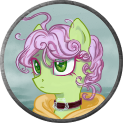 Size: 256x256 | Tagged: safe, artist:saby, derpibooru exclusive, oc, oc only, oc:rose ribband, pony, the last summer, bust, character token, choker, curly mane, female, green coat, green eyes, hood, pink mane, portrait, roleplay illustration, rule 63, serious