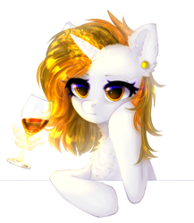 Size: 1104x1273 | Tagged: safe, artist:avrameow, oc, oc only, oc:aurora shinespark, pony, unicorn, bored, ear fluff, ear piercing, earring, female, glass, horn, jewelry, magic, magic aura, mare, no source available, piercing, simple background, solo, unicorn oc, white background, wine glass