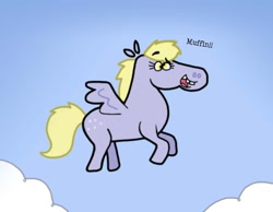 Size: 1134x878 | Tagged: safe, artist:cookie-lovey, derpy hooves, pegasus, pony, g4, female, flying, mare, muffin, open mouth, open smile, smiling, solo, spread wings, style emulation, that pony sure does love muffins, the fairly oddparents, wings