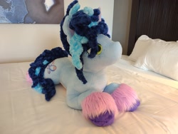 Size: 2048x1536 | Tagged: safe, artist:gleamydreams, misty brightdawn, pony, unicorn, g5, bed, irl, photo, plushie, solo