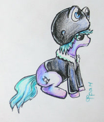 Size: 263x309 | Tagged: safe, artist:elunian, oc, oc only, oc:fran, earth pony, pony, clothes, hat, jacket, looking offscreen, side view, simple background, sitting, solo, traditional art