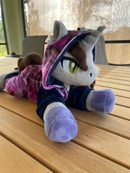 Size: 3024x4032 | Tagged: safe, artist:4everlovedcreationco, pony, unicorn, colored hooves, disguise, disguised siren, hood, hood up, horn, irl, kellin quinn, lying down, male, onesie, photo, plushie, ponified, prone, sleeping with sirens, slit pupils, solo, stallion