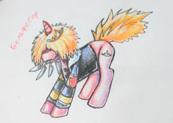 Size: 392x279 | Tagged: safe, artist:elunian, oc, oc only, oc:belphegor, pony, unicorn, clothes, jacket, knife, male, messy mane, simple background, solo, stallion, traditional art