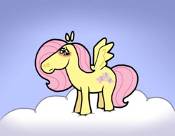 Size: 1134x878 | Tagged: safe, artist:cookie-lovey, fluttershy, pegasus, pony, g4, 2011, blushing, cloud, female, looking away, mare, on a cloud, sky, solo, spread wings, standing on a cloud, style emulation, the fairly oddparents, wings