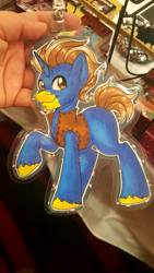 Size: 380x676 | Tagged: safe, artist:inkkeystudios, oc, oc only, pony, unicorn, badge, clothes, looking at you, photo, raised hoof, smiling, solo, traditional art, unshorn fetlocks, vest