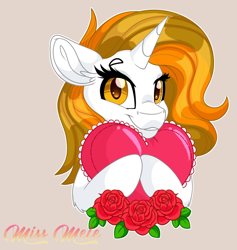 Size: 1200x1268 | Tagged: safe, artist:missbramblemele, oc, oc only, oc:aurora shinespark, pony, unicorn, commission, female, flower, heart, holiday, horn, looking at you, mare, no source available, rose, signature, simple background, smiling, solo, unicorn oc, valentine's day, ych result