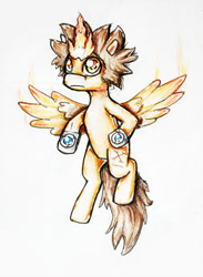 Size: 324x443 | Tagged: safe, artist:elunian, oc, oc only, oc:tsuna, pegasus, pony, fiery wings, floating, gauntlet, simple background, solo, traditional art, wings