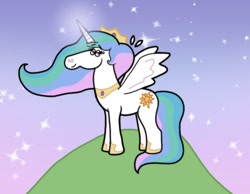 Size: 1134x878 | Tagged: safe, artist:cookie-lovey, princess celestia, alicorn, pony, g4, 2011, evening, female, glowing, glowing horn, horn, lidded eyes, mare, night, solo, spread wings, stars, style emulation, the fairly oddparents, wings