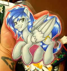 Size: 642x677 | Tagged: safe, artist:inkkeystudios, oc, oc only, pegasus, pony, badge, grin, lidded eyes, looking at you, photo, smiling, solo, traditional art