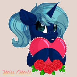 Size: 1200x1200 | Tagged: safe, artist:missbramblemele, oc, oc only, oc:novus flux, pony, unicorn, female, flower, freckles, heart, holiday, horn, looking at you, mare, no source available, ponytail, rose, signature, simple background, smiling, unicorn oc, valentine's day