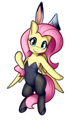 Size: 1249x2131 | Tagged: safe, artist:andelai, fluttershy, pegasus, pony, g4, belly button, bipedal, blushing, bunny suit, bunnyshy, clothes, cute, female, flutterbunny, fluttershy leotard, leotard, looking at you, mare, shyabetes, simple background, smiling, solo, standing on two hooves, white background