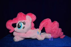 Size: 794x529 | Tagged: safe, artist:kiashone, pinkie pie, earth pony, pony, g4, female, irl, lying down, mare, photo, plushie, prone, solo