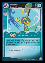 Size: 344x480 | Tagged: safe, enterplay, discord, absolute discord, g4, my little pony collectible card game, twilight's kingdom, bubble pie, ccg, clothes, general discord, helmet, merchandise, patton, pipe, solo, uniform