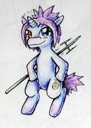 Size: 249x347 | Tagged: safe, artist:elunian, oc, oc only, oc:mukuro, pony, unicorn, male, simple background, solo, stallion, standing on two hooves, traditional art, weapon