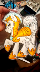 Size: 380x676 | Tagged: safe, artist:inkkeystudios, oc, oc only, pony, unicorn, armor, badge, eye scar, facial scar, frown, looking at you, photo, raised hoof, royal guard, scar, solo, traditional art