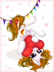 Size: 2000x2682 | Tagged: safe, artist:avrameow, oc, oc only, oc:aurora shinespark, pony, unicorn, :i, blushing, cute, ear piercing, earring, female, heart, heart pillow, high res, holiday, horn, jewelry, looking at you, mare, no source available, piercing, pillow, solo, unicorn oc, upside down, valentine's day