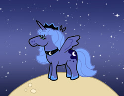 Size: 1134x878 | Tagged: safe, artist:cookie-lovey, princess luna, alicorn, pony, g4, 2011, frown, looking down, moon, s1 luna, sad, solo, space, spread wings, stars, style emulation, the fairly oddparents, wings