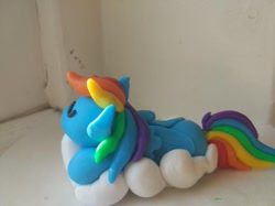 Size: 903x677 | Tagged: safe, artist:morrigun, rainbow dash, pegasus, pony, g4, clay, cloud, cute, eyes closed, irl, lying down, photo, sleeping