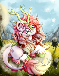 Size: 2741x3489 | Tagged: safe, artist:woonborg, oc, oc only, oc:dandy lion, kirin, pony, dandelion, high res, horns, kirin oc, lying down, mountain, nature, signature, solo, speedpaint, starry eyes, wingding eyes, youtube, youtube link