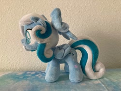 Size: 1280x960 | Tagged: safe, artist:melodisde, oc, oc:snowdrop, pegasus, pony, blind, bow, commission, female, filly, foal, folded wings, happy, irl, photo, plushie, smiling, solo, standing, wings