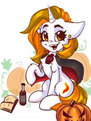 Size: 1528x2048 | Tagged: safe, artist:falafeljake, oc, oc only, oc:aurora shinespark, pony, unicorn, book, bottle, chest fluff, ear piercing, earring, fangs, halloween, happy, holiday, horn, jack-o-lantern, jewelry, looking at you, no source available, piercing, pumpkin, solo, unicorn oc, vampire costume