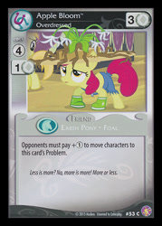 Size: 344x480 | Tagged: safe, enterplay, apple bloom, noi, absolute discord, g4, my little pony collectible card game, simple ways, ccg, clothes, galoshes, hat, merchandise, pants, plant