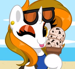 Size: 2048x1865 | Tagged: safe, artist:kittyrosie, oc, oc only, oc:aurora shinespark, pony, unicorn, ;p, beach, clothes, commission, ear piercing, earring, eyeshadow, female, food, hoof hold, horn, ice cream, ice cream cone, jewelry, looking at you, makeup, mare, no source available, one eye closed, piercing, solo, sunglasses, swimsuit, tongue out, unicorn oc, wink, ych result