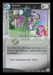 Size: 344x480 | Tagged: safe, enterplay, applejack, discord, pinkie pie, rarity, absolute discord, g4, my little pony collectible card game, princess twilight sparkle (episode), beret, camera, ccg, clothes, facial hair, hat, merchandise, moustache, ponyville