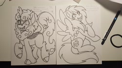 Size: 4730x2660 | Tagged: safe, artist:inkkeystudios, oc, oc only, kirin, pegasus, pony, looking at you, open mouth, open smile, photo, raised hoof, smiling, spread wings, traditional art, wings