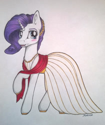 Size: 1024x1219 | Tagged: safe, artist:dexterisse, rarity, pony, unicorn, g4, clothes, dress, female, mare, simple background, solo, traditional art, white background