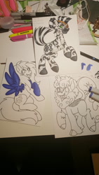 Size: 5312x2988 | Tagged: safe, artist:inkkeystudios, oc, oc only, kirin, pegasus, pony, zebra, badge, looking at you, open mouth, open smile, photo, raised hoof, rearing, smiling, spread wings, traditional art, unamused, wings, wip