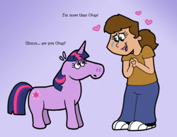 Size: 1134x878 | Tagged: safe, artist:cookie-lovey, twilight sparkle, human, pony, unicorn, g4, 2011, artist insert, author insert, clothes, crying, denim, dialogue, duo, duo female, female, floating heart, hands together, heart, height difference, jeans, looking at each other, looking at someone, mare, pants, purple background, shirt, shoes, simple background, sneakers, style emulation, talking to viewer, tears of joy, the fairly oddparents, unicorn twilight