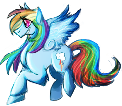 Size: 700x609 | Tagged: safe, artist:dokuyuu, rainbow dash, pegasus, pony, g4, female, looking offscreen, mare, raised hoof, simple background, smiling, smirk, solo, spread wings, transparent background, wings