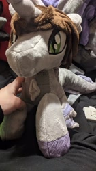 Size: 2160x3840 | Tagged: safe, artist:fishpishstudios, photographer:lightningbolt, pony, siren, commission, fangs, fins, fish tail, high res, horn, irl, kellin quinn, male, photo, plushie, ponified, scales, sleeping with sirens, slit pupils, solo, tail