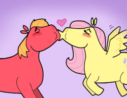 Size: 1134x878 | Tagged: safe, artist:cookie-lovey, big macintosh, fluttershy, earth pony, pegasus, pony, g4, 2011, blushing, duo, duo male and female, eyes closed, female, flying, heart, kiss on the lips, kissing, male, mare, purple background, ship:fluttermac, shipping, simple background, stallion, straight, style emulation, the fairly oddparents