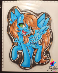 Size: 920x1156 | Tagged: safe, artist:inkkeystudios, oc, oc only, pegasus, pony, badge, eye clipping through hair, looking at you, open mouth, open smile, photo, smiling, solo, spread wings, traditional art, wings