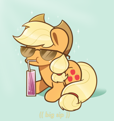 Size: 1751x1851 | Tagged: safe, artist:typhwosion, applejack, earth pony, pony, g4, drink, redraw, solo, sunglasses, text