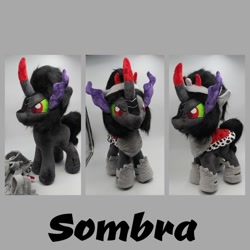 Size: 1080x1080 | Tagged: safe, artist:varonya, king sombra, pony, unicorn, g4, cape, clothes, crown, curved horn, gray background, horn, irl, jewelry, male, photo, plushie, regalia, simple background, solo, stallion, standing