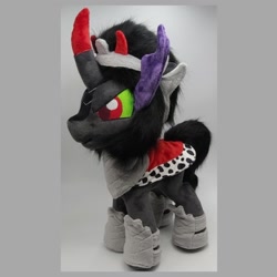 Size: 1080x1080 | Tagged: safe, artist:varonya, king sombra, pony, unicorn, g4, cape, clothes, crown, curved horn, gray background, horn, irl, jewelry, male, photo, plushie, regalia, simple background, solo, stallion, standing