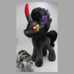 Size: 1080x1080 | Tagged: safe, artist:varonya, king sombra, pony, unicorn, g4, cape, clothes, crown, curved horn, gray background, horn, irl, jewelry, male, photo, plushie, regalia, simple background, solo, stallion, standing