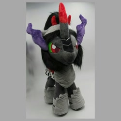 Size: 1080x1080 | Tagged: safe, artist:varonya, king sombra, pony, unicorn, g4, cape, clothes, crown, curved horn, gray background, horn, irl, jewelry, male, photo, plushie, regalia, simple background, solo, stallion, standing