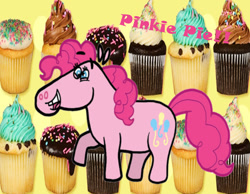 Size: 1134x878 | Tagged: safe, artist:cookie-lovey, pinkie pie, earth pony, pony, g4, 2011, cupcake, food, happy, open mouth, open smile, raised hoof, real life background, simple background, smiling, solo, style emulation, that pony sure does love cupcakes, the fairly oddparents, yellow background