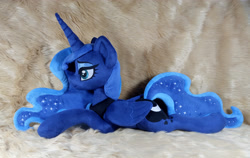 Size: 3976x2520 | Tagged: safe, artist:doctorkoda, princess luna, alicorn, pony, g4, commission, female, folded wings, high res, horn, irl, lying down, mare, peytral, photo, plushie, prone, solo, wings