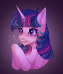 Size: 856x1004 | Tagged: safe, artist:muna, twilight sparkle, pony, unicorn, g4, bust, cute, cute little fangs, fangs, female, gradient background, hooves together, mare, open mouth, portrait, sharp teeth, solo, sparkles, teeth, unicorn twilight