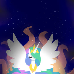 Size: 1024x1024 | Tagged: safe, artist:chandelurres, princess celestia, alicorn, pony, g4, female, mare, solo, spread wings, stars, sun, wings