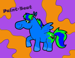 Size: 1134x878 | Tagged: safe, artist:cookie-lovey, oc, oc only, oc:paint-beat, pegasus, pony, 2011, abstract background, ear piercing, earring, female, jewelry, looking at you, mare, name, piercing, raised hoof, smiling, smiling at you, solo, spread wings, style emulation, the fairly oddparents, two toned mane, wings