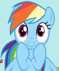Size: 487x585 | Tagged: safe, screencap, rainbow dash, pegasus, pony, a bird in the hoof, g4, season 1, cropped, cute, dashabetes, female, flying, happy, hoof on cheek, looking at you, mare, smiling, solo