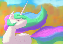 Size: 1131x786 | Tagged: safe, artist:gosha305, princess celestia, alicorn, pony, g4, cute, cutelestia, eyes closed, female, mare, missing accessory, smiling, solo, windswept mane