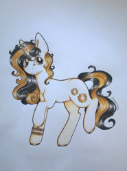 Size: 1024x1381 | Tagged: safe, artist:dexterisse, oc, oc only, oc:golden steam, pony, unicorn, horn, simple background, solo, traditional art, unicorn oc, white background