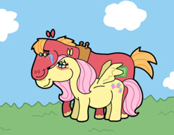 Size: 1134x878 | Tagged: safe, artist:cookie-lovey, big macintosh, fluttershy, earth pony, pegasus, pony, g4, 2011, blushing, cloud, crying, duo, duo male and female, female, grass, grass field, height difference, lidded eyes, looking at each other, looking at someone, male, mare, neck nuzzle, preggoshy, pregnant, ship:fluttermac, shipping, sky, smiling, smiling at each other, spread wings, stallion, straight, style emulation, tears of joy, the fairly oddparents, wings